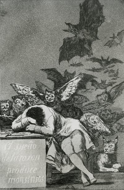 A The Sleep of Reason szörnyeket hoz létre, a „Los Caprichos”-ból (metszet) (bw fotó) (lásd még: 81662) alkotó: Francisco de Goya