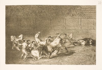 Két picador csapatot egyenként megdönt egyetlen bika alkotó: Francisco de Goya