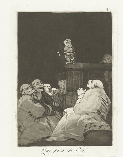 Micsoda aranycsőr! Que pico de oro! (cím a tárgyon) Los Caprichos (sorozat címe) alkotó: Francisco de Goya