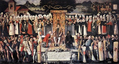 Kézcsók (kézcsók) szertartása Ferdinánd katolikus király (1452-1516) kiváltságnyilatkozatát követően. Francisco de mendieta Y Retes festménye (XVI. század). Spanyolország, Guernica. Juntas háza. alkotó: Francisco de Mendieta y Retes