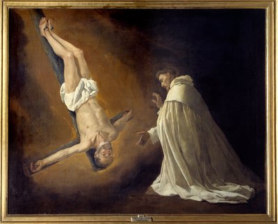Keresztre feszített Szent Péter jelenése Nolasque Szent Péternek (1189-1256) Francisco de Zurbaran (1598-1664) festménye (esp.) 1629 V. 1,79x2,23 m Madrid, Musee du Prado alkotó: Francisco de Zurbaran
