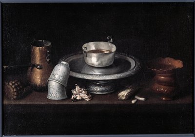 A csendélet csokoládé reggeli csokoládé csésze, csészék. Francisco de Zurbaran (1598-1664) festménye. 17. századi Besancon, Szépművészeti Múzeum alkotó: Francisco de Zurbaran