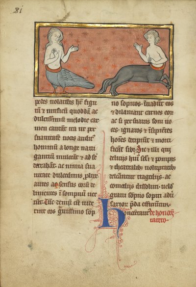 Szirén és kentaur egy bestiáriumból Ms. Ludwig XV 4, fol. 81v, 1280-1300 körül (tempera, toll és tinta, arany levél és festék pergamenre) alkotó: Franco-Flemish School