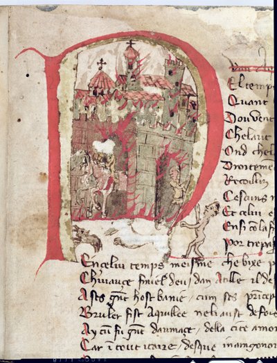 Ms Est 27 W 8.17 f.1r Történelmi iniciálé, amely hun Attilát (406-453 körül) ábrázolja, amint felgyújtja Aquila városát Nicola da Casola Attila háborújából alkotó: Franco Italian School
