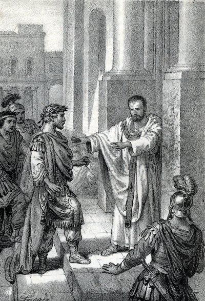 Milánói Szent Ambrosius érsek (Aurelius Ambrosius, Ambrogio di Milano (340-397) megtiltotta a templomba való belépést I. Theodosius (Flavius Theodosius) (347-395) római császárnak, hogy megbüntesse őt a 390-es thesszalonikai mészárlásért - Excommunicati alkotó: Franco Mistrali