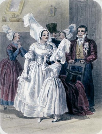 Egy menyasszony és egy lány az elsőáldozás előtt, Nantes-ból és Loire-vidékről (színes litho) alkotó: Francois Hippolyte Lalaisse