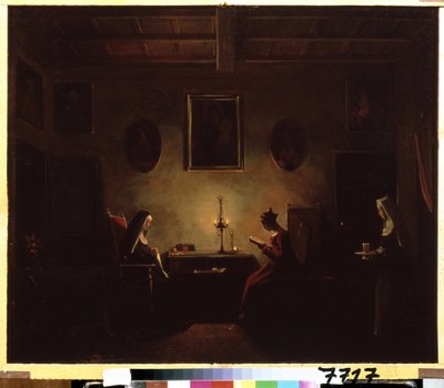 ""Belső"" Jelenet egy kolostorban, egy fiatal lány gyertyafénynél olvas, két apáca van a szobában. Francois Marius Granet (1775-1849) festménye 19. századi Puskin Múzeum, Moszkva alkotó: Francois-Marius Granet