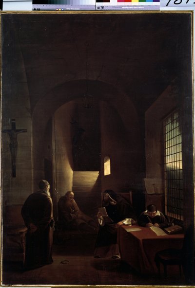 ""Galileo Galilei (Galilea) olasz csillagász (1564-1642) cellájában Firenzében az inkvizíció idején"" Francois Marius Granet (1775-1849) festménye 19. századi Ermitázs Múzeum, Szentpétervár alkotó: Francois-Marius Granet
