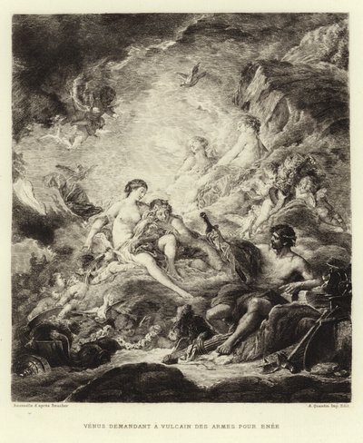 A Vénusz fegyvert kér a Vulkántól Aeneas számára (metszet) alkotó: Francois (after) Boucher