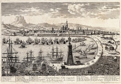 Kilátás a városra és Barcelona kikötőjére a 18. században. Metszet: Francois Antoine Aveline Barcelona, Museu d