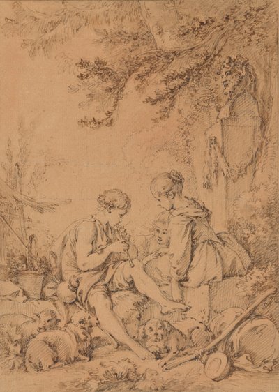 Egy fiatal pásztor, aki két fiatal pásztornőnek játszik a furulyán alkotó: François Boucher
