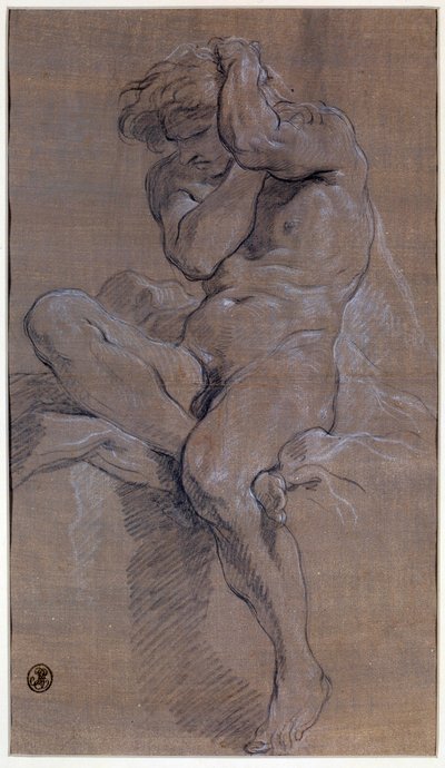 Ülő meztelen férfi akadémiája Francois Boucher (1703-1770) rajza vörös vérrel, 18. századi Párizs, Louvre Múzeum alkotó: François Boucher