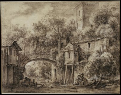 Építészeti capriccio a Charenton közelében található Quiquengrogne-i malommal alkotó: François Boucher