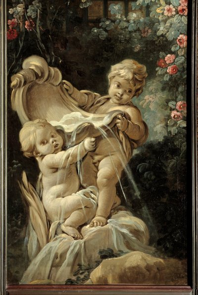 A nappali ajtólapja Demarteau: szökőkút két szerelmével, amelyek közül az egyik térd. Francois Boucher festménye (1703-1770) alkotó: François Boucher