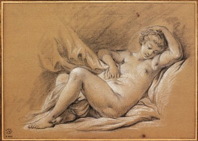 Franciaország, Chinoiseries, meztelen nő rajza az ágyon (rajz) alkotó: François Boucher