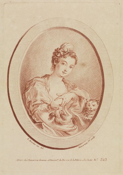Fiatal nő kutyussal és cicával alkotó: François Boucher
