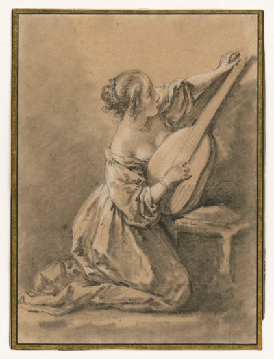 Térdelő fiatal nő, aki egy lantot hangol alkotó: François Boucher