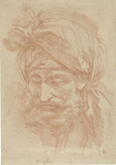 Szakállas, turbános keleti férfi feje, elölről, lefelé tekintve alkotó: François Boucher