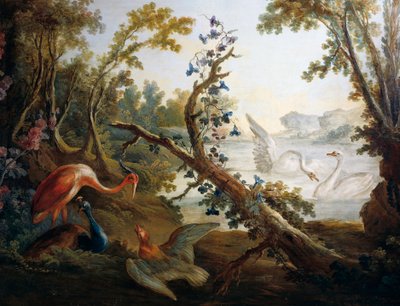Táj hattyúkkal, 1765 körül, Francois Boucher (1703-1770), Jean-Baptiste Huet (1745-1811) és Jean Honore Fragonard (1732-1806), részlet a Salon Demarteau északi faláról, Párizs, Franciaország, Franciaország alkotó: François Boucher