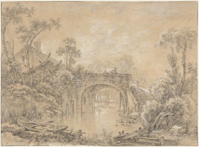 Tájkép rusztikus híddal alkotó: François Boucher