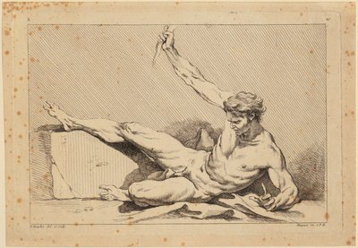 Fekvő férfi akt, a „Second livre de figures d’Académies [...]” című mű 10. lapja, amelyet részben a Királyi Akadémia tanárai metszettek” alkotó: François Boucher