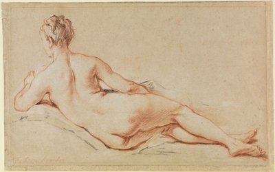 Fekvő női akt, bal karjára támaszkodva, háttal nézve alkotó: François Boucher