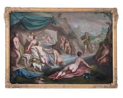Olajfestmény vásznon. Mitológiai festmény: Artemisz kíséretével fürdés közben meglepetésszerűen rátalál Akteion alkotó: François Boucher