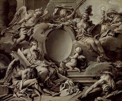 Kartus-terv: Minerva, a Hírnév, a Történelem és a Hit allegóriája, amint legyőzik a tudatlanságot és az időt alkotó: François Boucher