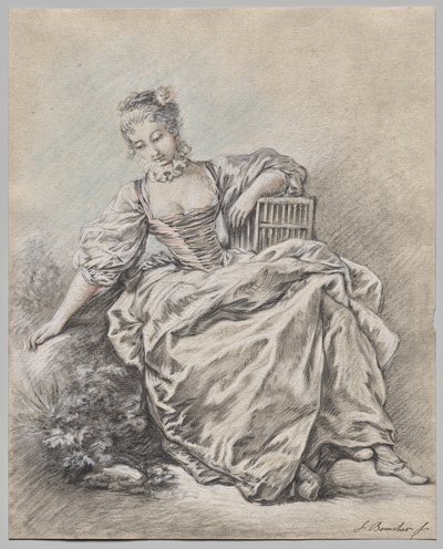 Ülő nő, aki egy madárketrecet tart a kezében alkotó: François Boucher