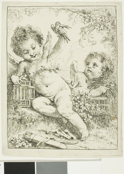 Két putti egy madárral alkotó: François Boucher