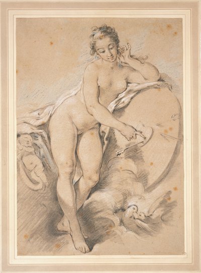 Álló Vénusz, aki egy célkereszten lévő szívre mutat, amelyen két galamb látható alkotó: François Boucher