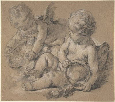 Virágokkal díszített szárnyas puttók alkotó: François Boucher