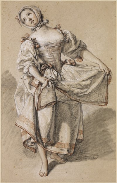 Fiatal vidéki lány táncol, c. 1765-70 (fekete, vörös-fehér kréta és csonk, bivalyozott papíron) alkotó: François Boucher