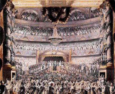 XVIII. Lajos (1755-1824) részt vesz az Odeon színházában a párizsi nemzeti gárda 1819-es partiján Francois Buffet rajza (1789-1843) V. 36x44 cm Versailles, musee du chateau alkotó: Francois Buffet