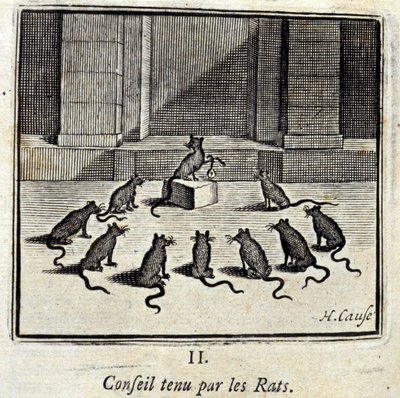 A Patkányok testülete. Jean de La Fontaine (1621-95) meséi. Illusztráció: Francois Chauveau (1613-1676). 1728-as kiadás. alkotó: Francois Chauveau