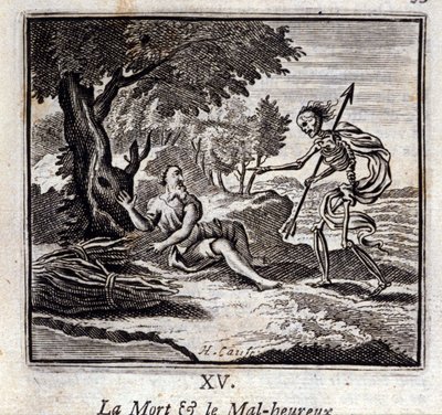 Halál és boldogtalanok. Jean de La Fontaine (1621-95) meséi. Illusztráció: Francois Chauveau (1613-1676). 1728-as kiadás. alkotó: Francois Chauveau