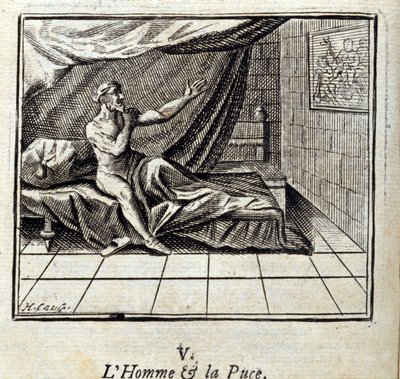 Az ember és a bolha. Jean de La Fontaine (1621-95) meséi. Illusztráció: Francois Chauveau (1613-1676). 1728-as kiadás. alkotó: Francois Chauveau