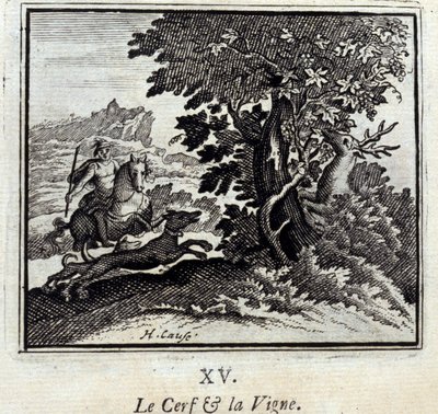 A szarvas és a szőlő. Jean de La Fontaine (1621-95) meséi. Illusztráció: François Chauveau (1613-1676). 1728-as kiadás. alkotó: Francois Chauveau
