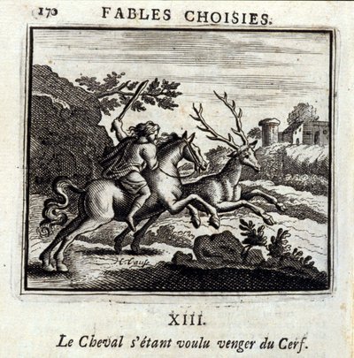 A Ló bosszút akart állni a Szarvasért. Jean de La Fontaine (1621-95) meséi. Illusztráció: Francois Chauveau (1613-1676). 1728-as kiadás. alkotó: Francois Chauveau