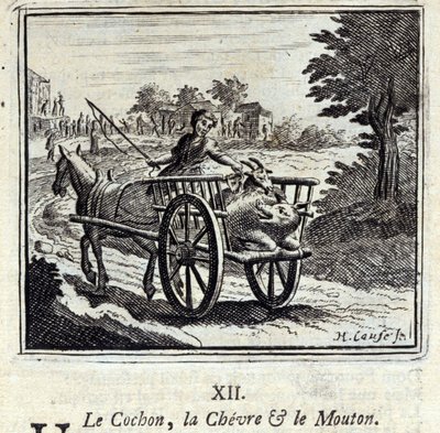 Jean de La Fontaine (1621-95) A disznó, a kecske és a mutyi. Illusztráció: Francois Chauveau (1613-1676). 1728-as kiadás. alkotó: Francois Chauveau