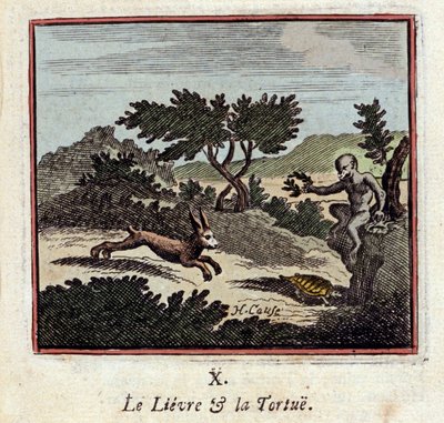 A nyúl és a teknősbéka - Jean de La Fontaine (1621-1695) meséi - Francois Chauveau (1613-1676) illusztrációja - 1728-as kiadás alkotó: Francois Chauveau