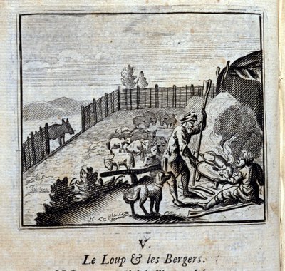 A farkas és a pásztorok. Jean de La Fontaine (1621-95) meséi. Illusztráció: François Chauveau (1613-1676). 1728-as kiadás. alkotó: Francois Chauveau