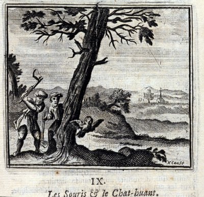 Jean de La Fontaine (1621-95) The Mice and the Huant Cat. Fables. Illusztráció: Francois Chauveau (1613-1676). 1728-as kiadás. alkotó: Francois Chauveau
