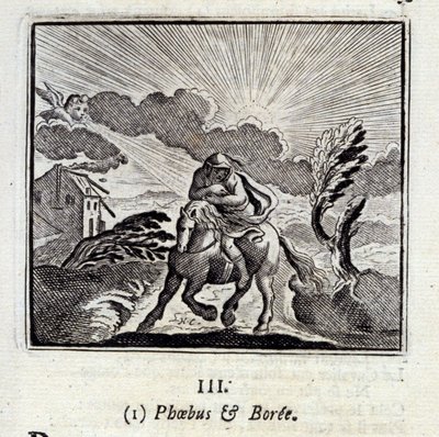 Phebus és Boree. Jean de La Fontaine (1621-95) meséi. Illusztráció: Francois Chauveau (1613-1676). 1728-as kiadás. alkotó: Francois Chauveau