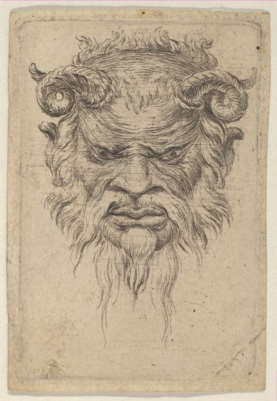 Szatír maszk hullámos szarvakkal lefelé nézve, a Divers Masques-tól, kb. 1635-45. alkotó: Francois Chauveau
