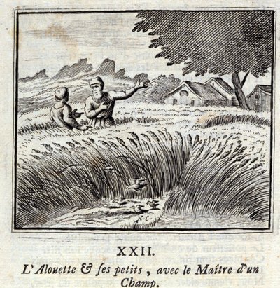 Az Alouette és kicsinyei a mezőmesterrel. Jean de La Fontaine (1621-95) meséi. François Chauveau (1613-1676) illusztrációja. 1728-as kiadás. alkotó: Francois Chauveau
