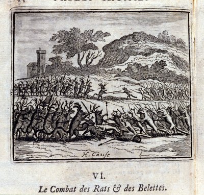 A patkányok és menyétek csatája. Jean de La Fontaine (1621-95) meséi. Illusztráció: François Chauveau (1613-1676). 1728-as kiadás. alkotó: Francois Chauveau