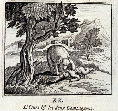 A medve és a két társ. Jean de La Fontaine (1621-95) meséi. Illusztráció: François Chauveau (1613-1676). 1728-as kiadás. alkotó: Francois Chauveau
