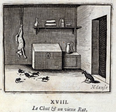 A macska és egy öreg patkány. Jean de La Fontaine (1621-95) meséi. Illusztráció: Francois Chauveau (1613-1676). 1728-as kiadás. alkotó: Francois Chauveau