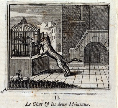 A macska és a két veréb. Jean de La Fontaine (1621-95) meséi. Illusztráció: François Chauveau (1613-1676). 1728-as kiadás. alkotó: Francois Chauveau